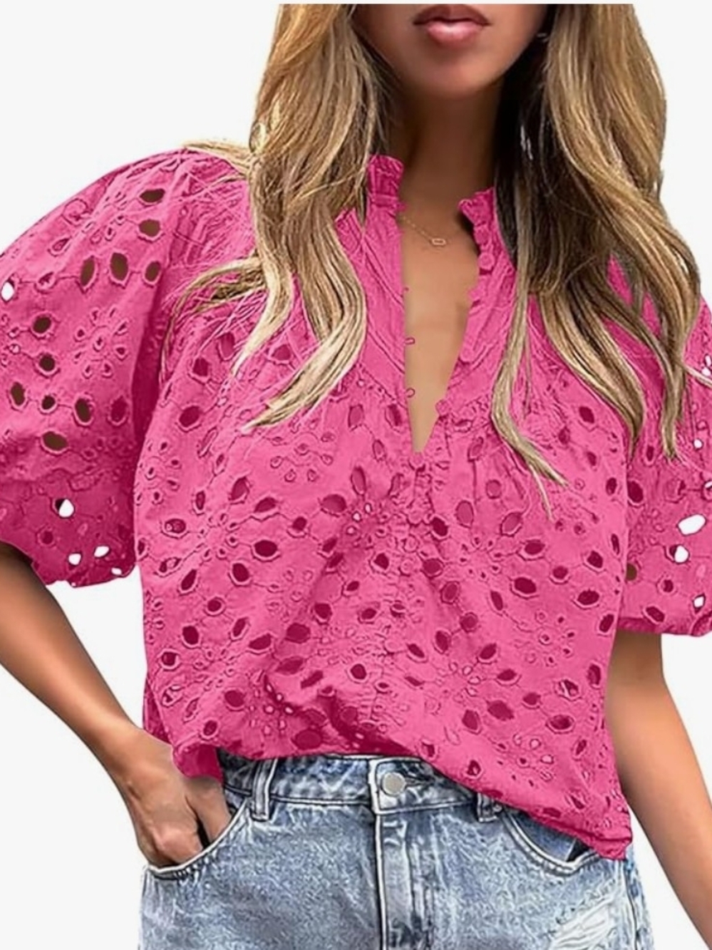 Women's Pink Eyelet Puff-Sleeve Top Button Down Shirt